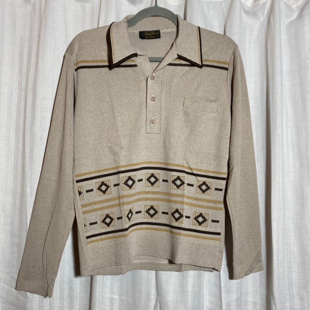 Vintage Mon Tricot Tan Knit Polo Sweater Geometric Diamond Pattern Canada Made